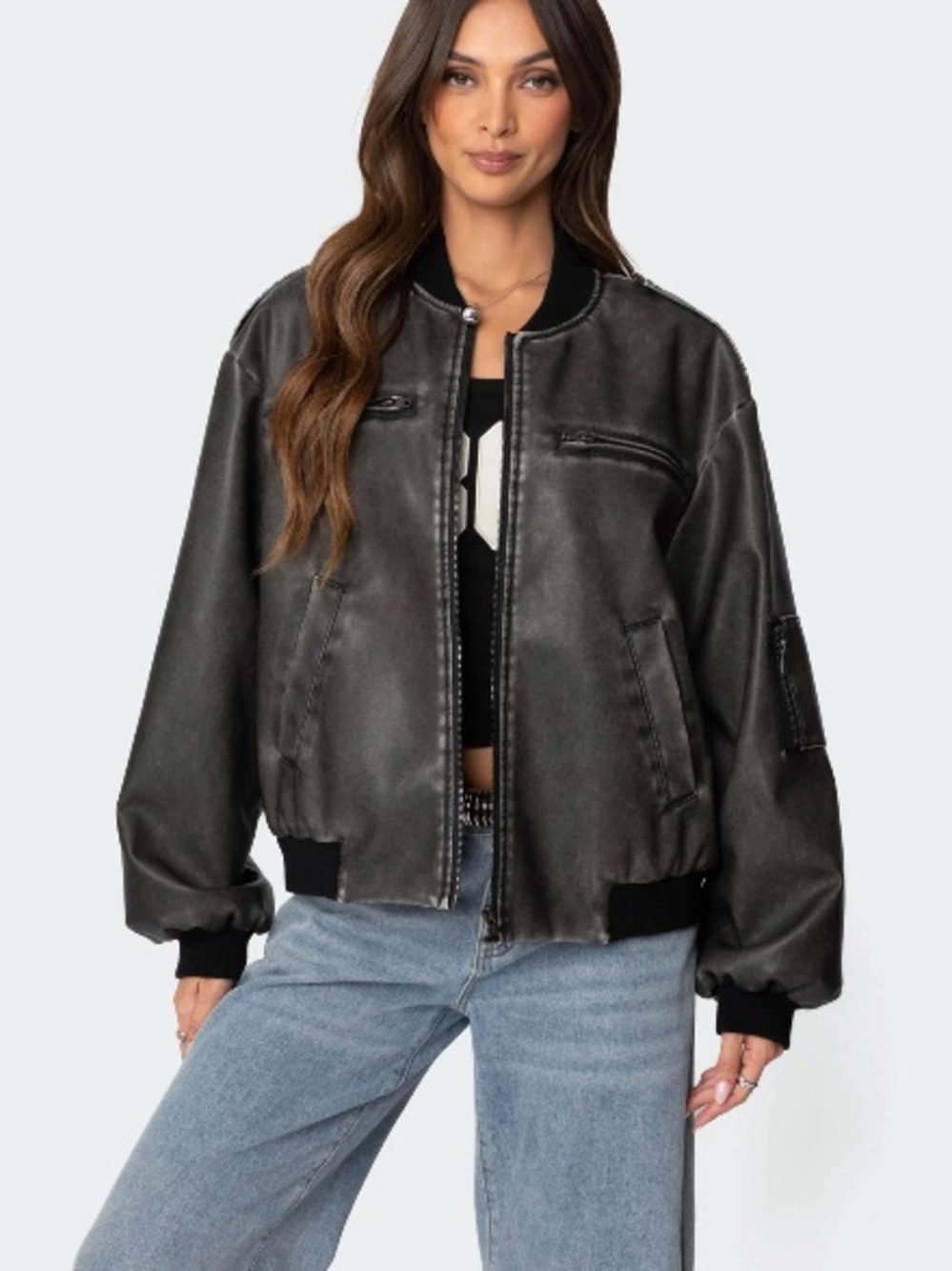 Edikted Women's Black Faux Leather Bomber Jacket